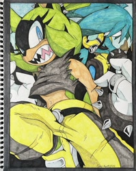 Size: 1632x2048 | Tagged: safe, artist:skerchdrawer, kit the fennec, surge the tenrec, fox, tenrec, 2024, duo, ear piercing, female, fennec, idw, male, spiked bracelet, traditional media
