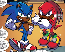 Size: 833x672 | Tagged: safe, editor:hydrocities-left, knuckles the echidna, sonic the hedgehog, 2019, abstract background, dialogue, duo, edit, english text, frown, idw, looking at viewer, smile, speech bubble, text