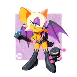 Size: 1000x1000 | Tagged: safe, artist:actionhankbeard, rouge the bat, bat, chao, chaos emerald, cleavage, dark chao, duo, female, holding something, traditional media