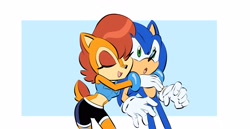 Size: 3352x1735 | Tagged: safe, artist:chauvels, sally acorn, sonic the hedgehog, chipmunk, hedgehog, squirrel, archie, couple, duo, female, hugging, hugging from behind, male, reboot design, reboot sally, sally x sonic, shipping, simple background, spats, straight