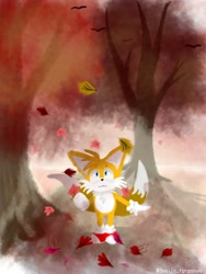 Size: 1536x2048 | Tagged: safe, artist:basilo_tyrannus, miles "tails" prower, fox, 2025, autumn, falling leaves, male, scenery, smile, solo, tree