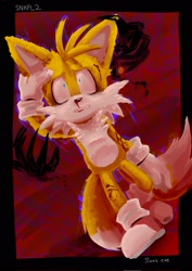 Size: 1448x2048 | Tagged: safe, artist:snkfl2, miles "tails" prower, oc, oc:sonic.exe, fox, 2025, blood, duo, male, nosebleed, shrunken pupils, text