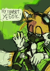 Size: 1448x2048 | Tagged: safe, artist:snkfl2, miles "tails" prower, fox, 2023, gas mask, goggles, looking at viewer, male, mask, russian, russian text, solo, text