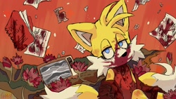 Size: 1920x1080 | Tagged: semi-grimdark, artist:snkfl2, miles "tails" prower, fox, 2022, abstract background, blood, button up, diary, flower, looking at viewer, male, notebook, paper, solo, television, text, writing