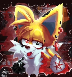 Size: 1500x1594 | Tagged: safe, artist:snkfl2, miles "tails" prower, fox, 2024, abstract background, cross, devil horns (gesture), ear piercing, fingerless gloves, goth, male, painted fingernails, solo, text, tongue out, wristband