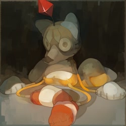Size: 1170x1170 | Tagged: safe, artist:sony_shock, tails doll, 2023, abstract background, creepy, doll, laying against wall, limp, male, robot, solo, traditional media, watercolor