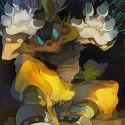 Size: 1350x1350 | Tagged: safe, artist:sony_shock, surge the tenrec, tenrec, 2023, abstract background, claws, creepy, ear piercing, female, glowing eyes, idw, lightning, looking at viewer, solo, studded wristband, traditional media, watercolor