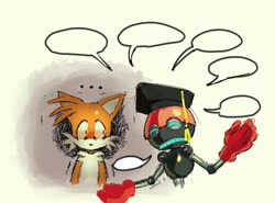 Size: 2048x1518 | Tagged: safe, artist:pokersmtng, miles "tails" prower, orbot, fox, 2025, duo, graduation hat, looking at them, male, mouthless, open mouth, red pupils, robot, shrunken pupils, simple background, tailstube, talking, white background