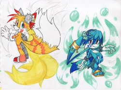 Size: 3330x2490 | Tagged: safe, artist:lebluenooki, kit the fennec, miles "tails" prower, fox, 2023, alternate outfit, alternate universe, back to back, body marking, bubbles, claws, duo, extra tail, fennec fox, hydrokinesis, kitsune, male, moon, moon medal, paws, sandals, sketch, sun, sun medal, tattoo, traditional media, water, white background