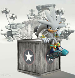Size: 878x910 | Tagged: safe, artist:fentonxd, silver the hedgehog, hedgehog, green hill zone, 2025, 3d, boots, clenched fist, crate, flower, grass, legs crossed, looking at viewer, loop, male, palm tree, plant, psychocuff, sitting, sitting on object, smile, solo, sonic generations, stone totem, sunflower, totem pole, tree, water, waterfall, white space