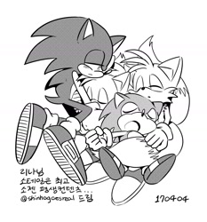 Size: 1200x1285 | Tagged: safe, artist:shinhogoesreal, miles "tails" prower, sonic the hedgehog, 2017, classic sonic, classic tails, cute, eyes closed, greyscale, group, korean text, lying down, monochrome, self paradox, simple background, sleeping, sonabetes, tailabetes, white background