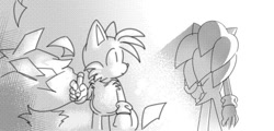 Size: 800x384 | Tagged: safe, artist:s2_lina_, miles "tails" prower, sonic the hedgehog, 2017, duo, from behind, greyscale, looking at them, monochrome, paper