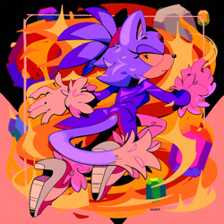 Size: 2048x2048 | Tagged: safe, artist:golbiey, blaze the cat, 2025, abstract background, ear fluff, fire, frown, lidded eyes, looking back, outline, signature, sol emerald, solo