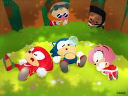 Size: 1608x1200 | Tagged: safe, artist:lanthart, editor:lanthart, agent stone, amy rose, knuckles the echidna, robotnik, sonic the hedgehog, human, abstract background, amybetes, bubble, bush, cute, daytime, drooling, edit, eyes closed, flower, forest, grass, group, knucklebetes, lying down, outdoors, robotnikbetes, signature, sleeping, sonabetes, spying, stonebetes, tree