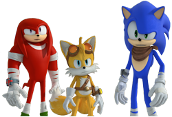 Size: 1072x727 | Tagged: safe, editor:ultimatesmasher750, knuckles the echidna, miles "tails" prower, sonic the hedgehog, 2024, 3d, edit, frown, looking at viewer, looking offscreen, simple background, sonic boom (tv), standing, team sonic, transparent background, transparent edit, trio