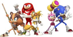 Size: 1260x650 | Tagged: safe, editor:ultimatesmasher750, amy rose, knuckles the echidna, miles "tails" prower, sonic the hedgehog, sticks the badger, 2024, 3d, edit, fighting pose, group, holding something, looking at viewer, looking offscreen, piko piko hammer, posing, simple background, sonic boom (tv), team boom, transparent background, transparent edit