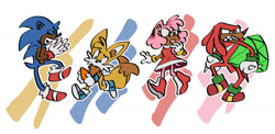 Size: 1508x734 | Tagged: safe, artist:noeggets, amy rose, knuckles the echidna, miles "tails" prower, sonic the hedgehog, 2023, abstract background, blue shoes, dark skin, flat colors, group, holding something, master emerald