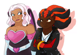 Size: 1575x1125 | Tagged: safe, artist:adhd-sonic-the-hedgehog, rouge the bat, shadow the hedgehog, human, 2022, arms folded, dark skin, duo, humanized, looking at them, looking offscreen, signature, simple background, standing, tan skin, white background