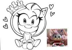 Size: 658x461 | Tagged: safe, artist:taryn436, amy rose, 2025, amybetes, blushing, crown, cute, heart, line art, looking at viewer, monochrome, reference inset, simple background, sitting, smile, solo, white background