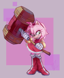 Size: 1320x1600 | Tagged: safe, artist:gehk8r, amy rose, 2025, abstract background, clenched teeth, holding something, looking offscreen, piko piko hammer, signature, smile, solo