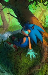 Size: 1317x2048 | Tagged: safe, artist:rapidhighway, sonic the hedgehog, 2025, abstract background, daytime, forest, grass, lidded eyes, looking offscreen, mouth open, open smile, outdoors, river, sitting, smile, solo, tree, water