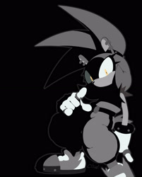 Size: 2048x2542 | Tagged: safe, artist:irregularcloudi, surge the tenrec, 2025, black background, greyscale, looking at viewer, looking offscreen, monochrome, no mouth, pointing, simple background, solo, spot color, this won't end well