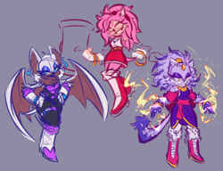 Size: 2048x1572 | Tagged: safe, artist:jontaro-kun, amy rose, blaze the cat, rouge the bat, 2025, alternate outfit, clothes, dark skin, fire, grey background, holding something, piko piko hammer, ring, simple background, smile, trio
