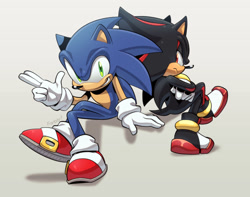 Size: 1145x904 | Tagged: safe, artist:scourgefrontier, shadow the hedgehog, sonic the hedgehog, 2025, arms folded, back to back, duo, frown, grey background, legs crossed, looking at something, looking at viewer, shadow (lighting), signature, simple background, sitting, smile
