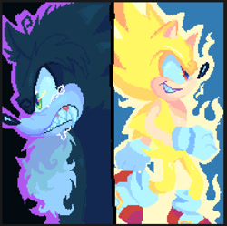 Size: 720x714 | Tagged: safe, artist:kreeeeeez, sonic the hedgehog, super sonic, 2025, black background, blue background, clenched teeth, crying, drooling, duo, frown, looking offscreen, outline, pixel art, saliva, simple background, smile, sonic the werehog, super form, tears, two sides, were form, werehog