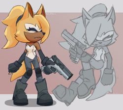 Size: 2048x1837 | Tagged: safe, artist:derukia, whisper the wolf, 2025, abstract background, dark skin, eyes closed, frown, greyscale, gun, holding something, monochrome, one fang, solo, standing