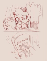 Size: 734x958 | Tagged: safe, artist:maurofonseca, tangle the lemur, 2025, crying, cute, death, flower, flower bouquet, frown, grey background, holding something, line art, looking down, monochrome, sad, simple background, sketch, solo, tears, tears of sadness, tombstone, zoboomafoo