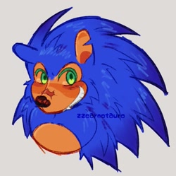 Size: 1233x1229 | Tagged: safe, artist:zzcarnotauro, sonic the hedgehog, 2025, alternate universe, bust, clenched teeth, floppy ear, grey background, looking at viewer, scar, signature, simple background, smile, solo, tan skin, torn ear