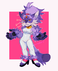 Size: 1672x2048 | Tagged: safe, artist:zzcarnotauro, blaze the cat, 2025, abstract background, alternate universe, arm fluff, beanbrows, cheek fluff, ear fluff, fur markings, jumpsuit, looking at viewer, one fang, outline, pawpads, shoulder fluff, signature, solo, standing, tail fluff, torn ear, whiskers