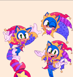 Size: 1125x1191 | Tagged: safe, artist:glitchedcosmos, sonic the hedgehog, 2025, cute, grey background, jester outfit, jester sonic, looking at viewer, mouth open, open smile, simple background, smile, solo, standing, tongue out, wink