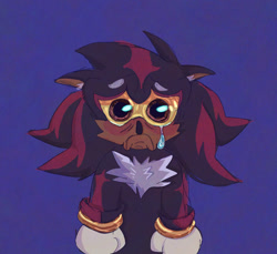 Size: 1145x1050 | Tagged: safe, artist:sonicattos, shadow the hedgehog, 2024, cheek fluff, crying, dark skin, faic, floppy ears, looking at viewer, purple background, sad, simple background, solo, standing, tears, tears of sadness, yellow sclera