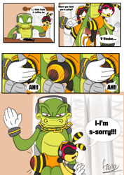 Size: 4960x7015 | Tagged: safe, artist:fannythepaddle, charmy bee, vector the crocodile, 2017, abstract background, comic, curtain, dialogue, duo, english text, indoors, signature, sitting, spank mark, spanking, speech bubble