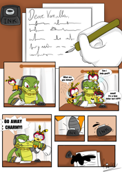 Size: 4960x7015 | Tagged: safe, artist:fannythepaddle, charmy bee, vector the crocodile, 2017, abstract background, comic, dialogue, duo, english text, flying, indoors, ink, paper, pen, shouting, signature, sitting, speech bubble, table, writing