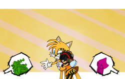Size: 1032x658 | Tagged: safe, artist:missplayer30, charmy bee, espio the chameleon, miles "tails" prower, vector the crocodile, 2016, abstract background, chaails, dress, duo focus, gender swap, group, half r63 shipping, holding them, hugging, shipping, standing, straight