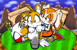 Size: 920x600 | Tagged: safe, artist:malachimoet, cream the rabbit, miles "tails" prower, green hill zone, 2024, abstract background, blushing, clouds, cute, daytime, duo, flower, frown, grass, hugging, hugging from behind, kneeling, lidded eyes, looking at them, looking offscreen, loop, mountain, outdoors, shipping, shrunken pupils, sitting, smile, straight, sunflower, taiream
