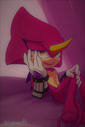 Size: 1280x1920 | Tagged: safe, artist:icy-cream-24, espio the chameleon, 2019, abstract background, hand on knee, head rest, indoors, legs crossed, lidded eyes, looking offscreen, mouth open, signature, sitting, smile, solo