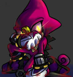 Size: 1142x1200 | Tagged: semi-grimdark, artist:asb-fan, espio the chameleon, 2017, blood, blood stain, glowing eyes, grey background, holding something, injured, kneeling, kunai knife, looking at viewer, shrunken pupils, simple background, solo, torn gloves, wiping face