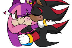 Size: 817x552 | Tagged: safe, artist:utilthenextdeath, shadow the hedgehog, oc, blushing, canon x oc, cute, dark skin, duo, eyes closed, flat colors, heart, hugging, kiss on cheek, looking at viewer, ocbetes, one eye closed, shipping, simple background, smile, straight, white background