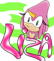 Size: 956x1077 | Tagged: safe, artist:fansonic15, 2012, abstract background, bust, character name, liza the chameleon, looking at viewer, smile, solo