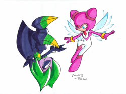 Size: 900x670 | Tagged: safe, artist:mightyray, artist:zero20-2, lumina flowlight, void, sonic shuffle, 2015, duo, flapping wings, flying, looking at each other, signature, simple background, smile, traditional media, upside down