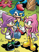 Size: 150x202 | Tagged: safe, espio the chameleon, chameleon, liza the chameleon, low res, official artwork, standing, trio, valdez the chameleon