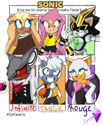 Size: 2478x3006 | Tagged: safe, artist:kat4nadep4pel, gold the tenrec, infinite the jackal, rouge the bat, shard the metal, tangle the lemur, oc, oc:sarah the hedgehog, tenrec, 2022, black sclera, blushing, chameleon, character name, english text, group, infinite's mask, liza the chameleon, phantom ruby, robot, six fanarts, smile, text