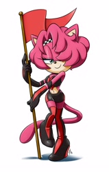Size: 2488x3902 | Tagged: safe, artist:chibi-jen-hen, oc, oc:jade the cat, cat, 2019, flag, hair over one eye, holding something, lidded eyes, looking at viewer, oc only, signature, simple background, smile, solo, standing, standing on one leg, white background