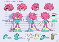 Size: 4600x3300 | Tagged: safe, artist:chibi-jen-hen, oc, oc:jade the cat, cat, 2021, clothes, color palette, english text, flat colors, oc only, reference sheet, solo, standing, t-pose, text