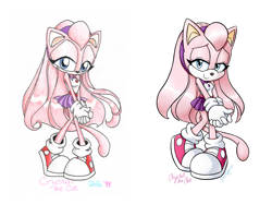Size: 3329x2489 | Tagged: safe, artist:chibi-jen-hen, oc, oc:crystal the cat, cat, 2019, character name, clothes, hands together, looking at viewer, oc only, redraw, signature, simple background, smile, smiling at viewer, solo, standing, style comparison, white background