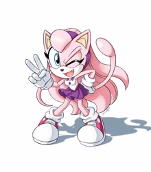 Size: 2986x3394 | Tagged: safe, artist:chibi-jen-hen, oc, oc:crystal the cat, cat, 2019, fangs, hand on hip, leaning forward, looking at viewer, mouth open, oc only, open smile, shadow (lighting), signature, simple background, smile, solo, v sign, white background, wink